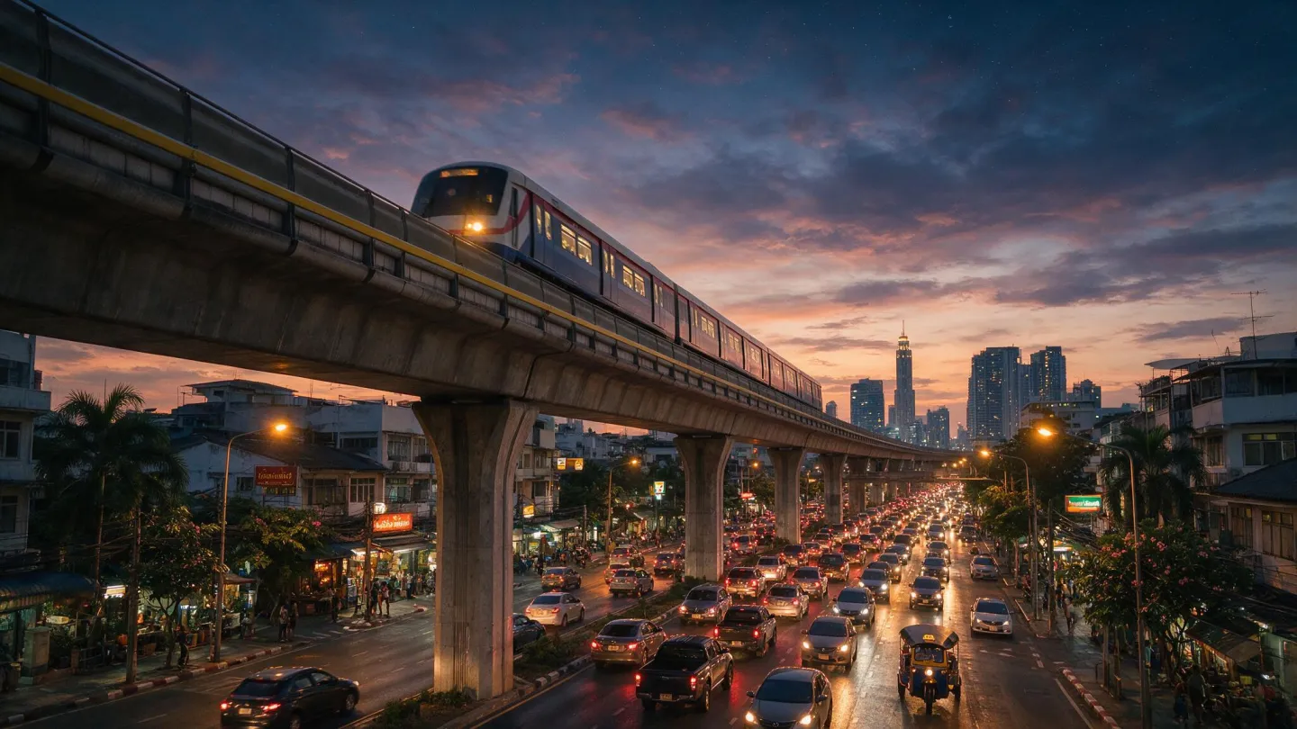 ถนนสายหลักฝั่งตะวันออกของกรุงเทพฯ ช่วงเย็น มีรถไฟฟ้าลอยฟ้าวิ่งเหนือถนน อาคารสูงระยะไกล และรถหนาแน่นบนถนนด้านล่าง
