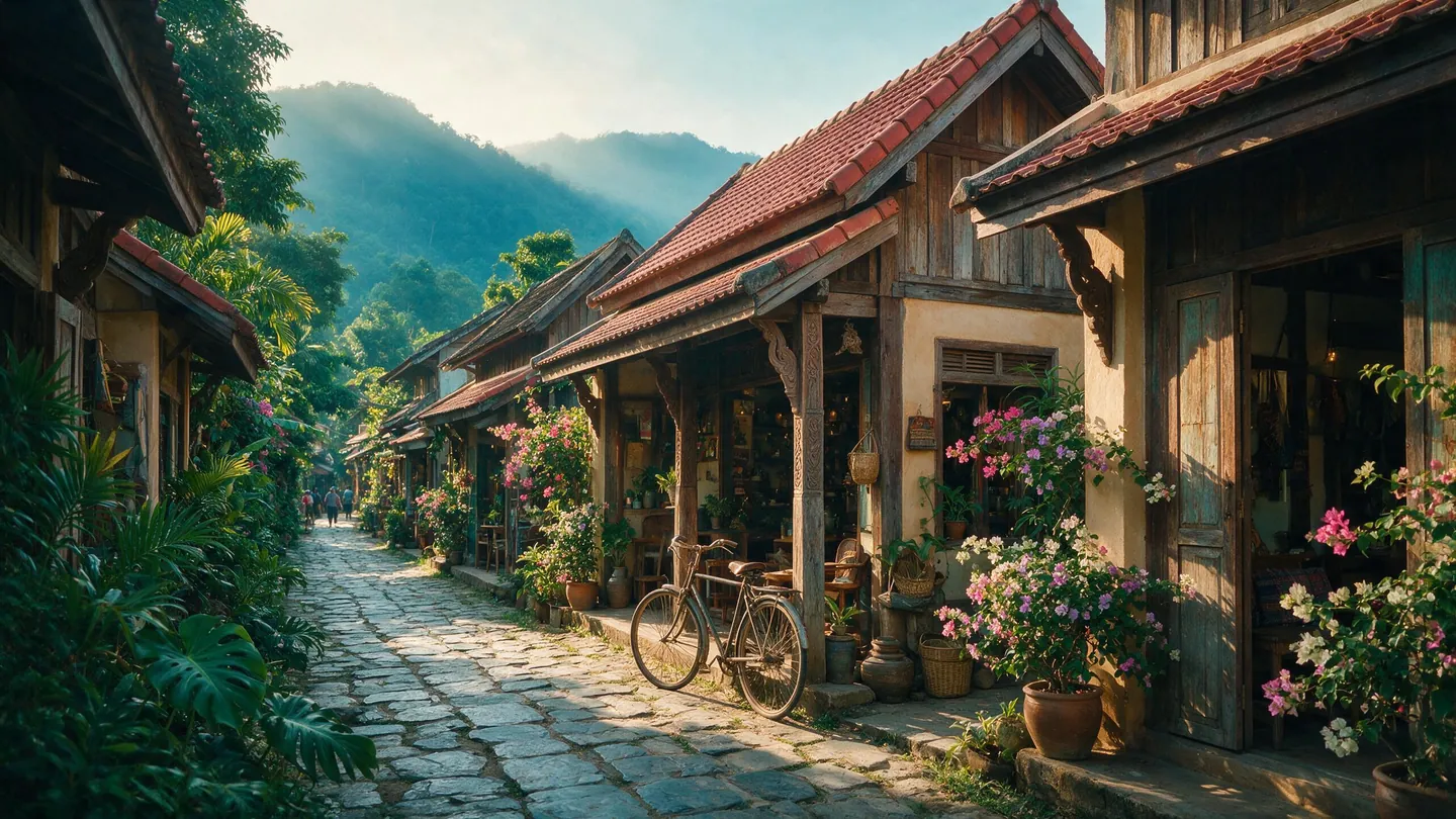 A stone lane in Chiang Mai's old town: red-tiled wooden houses, bougainvillea, green hills behind