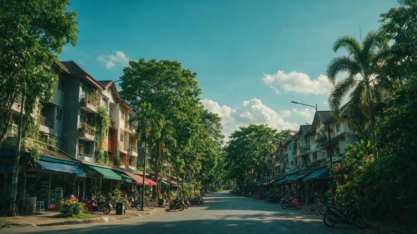A tree-lined street in central Khon Kaen: low shophouses and apartment blocks with awnings, motorbikes parked outside
