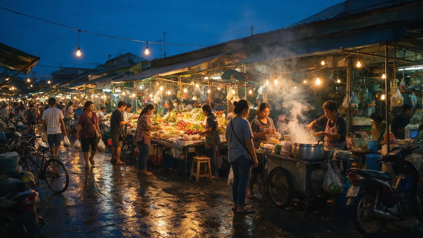 ตลาดสดและร้านอาหารริมถนนในกรุงเทพฯ ช่วงหัวค่ำ มีแผงขายผลไม้ ป้ายไฟร้านค้า และผู้คนเดินจับจ่าย