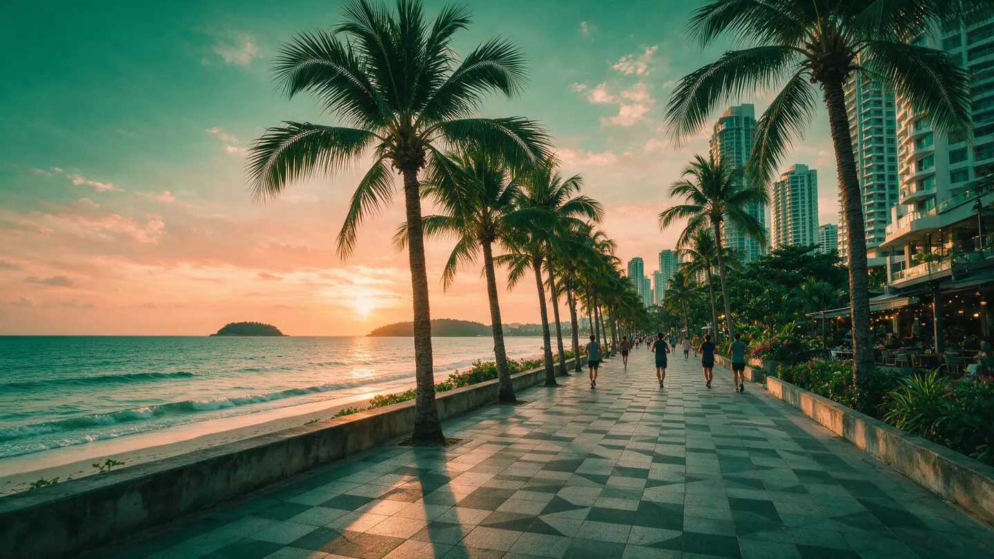 Pattaya's beachfront promenade at sunset: a row of palms, joggers, condo towers behind and an island offshore