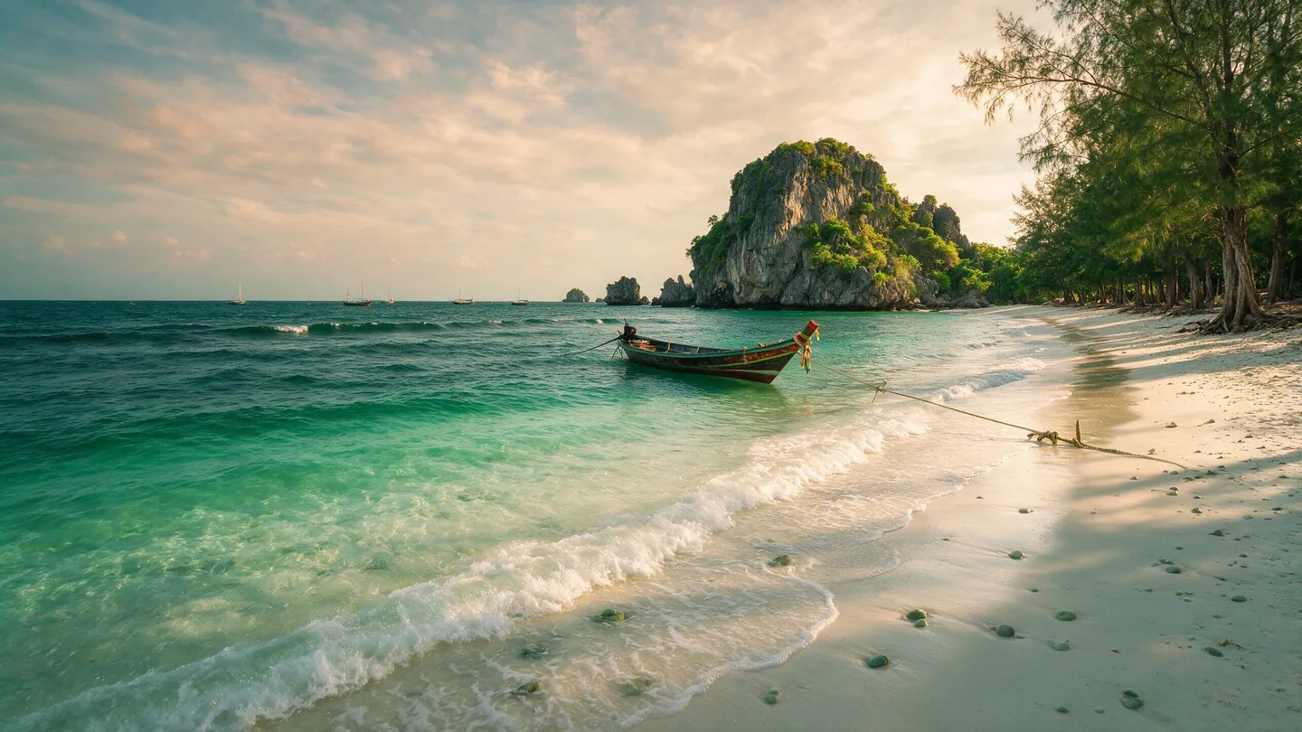 หาดทรายเงียบริมทะเลอันดามันช่วงบ่ายแก่ น้ำตื้นใส หัวแหลมหินปูน และเรือหางยาวจอดอยู่ไกลฝั่ง