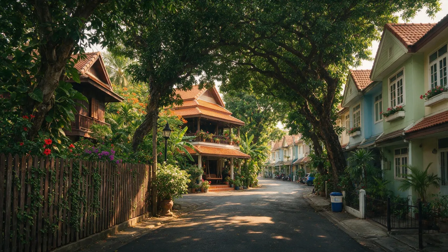 ซอยที่พักอาศัยร่มรื่นฝั่งธนบุรี บ้านเดี่ยวรั้วไม้และทาวน์โฮมเรียงกัน ต้นไม้ใหญ่ให้ร่มเงาทั้งซอย