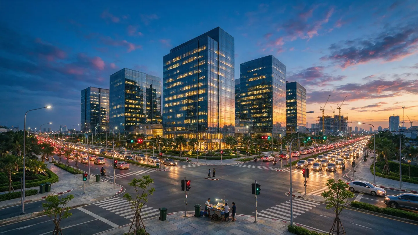 The Rama 9 corridor at dusk, lit towers above busy traffic