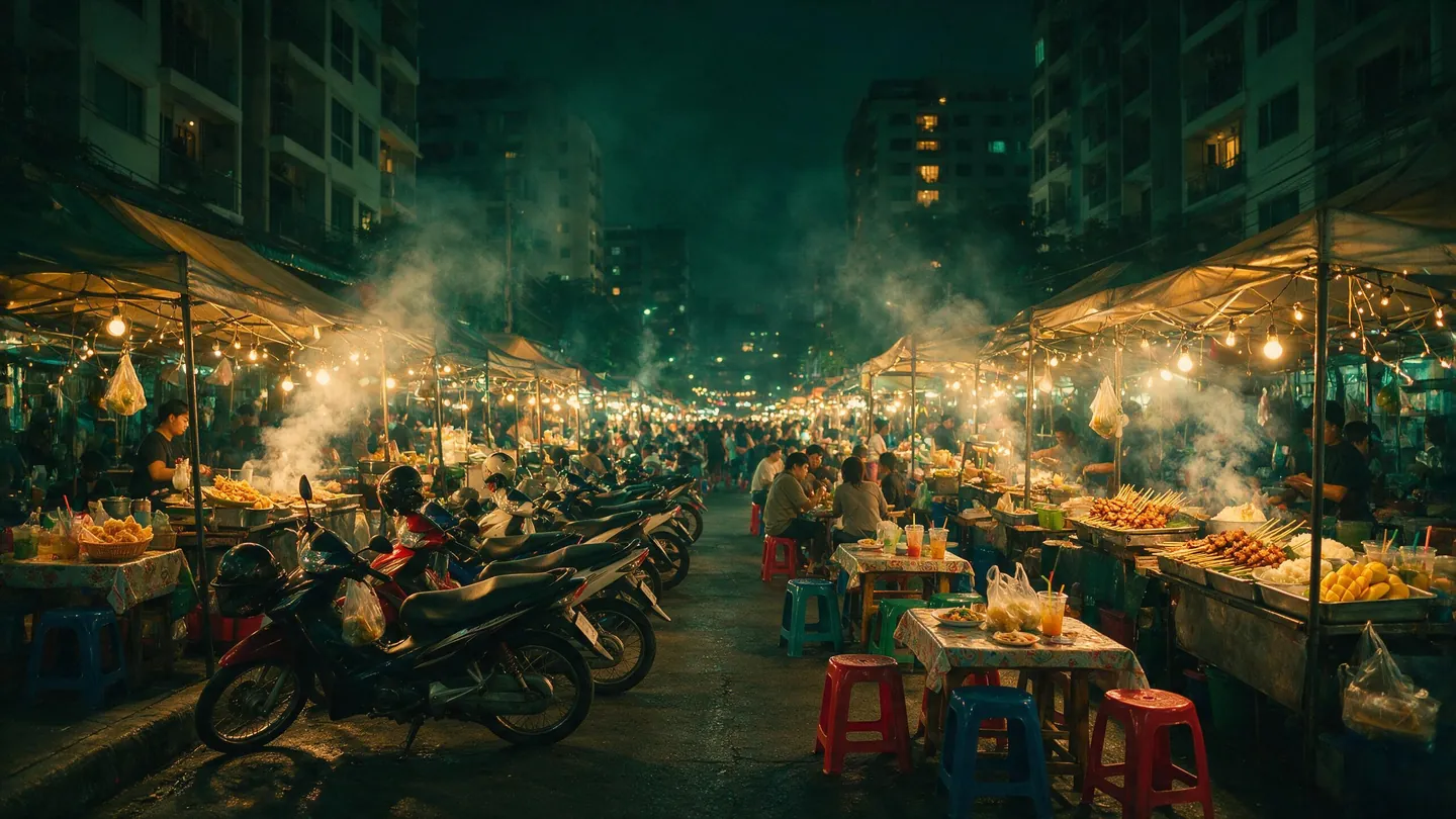 ถนนตลาดกลางคืนในกรุงเทพฯ มีแผงอาหารใต้ไฟอุ่น ไอร้อนจากกระทะ เก้าอี้พลาสติก และคอนโดอยู่ด้านหลัง