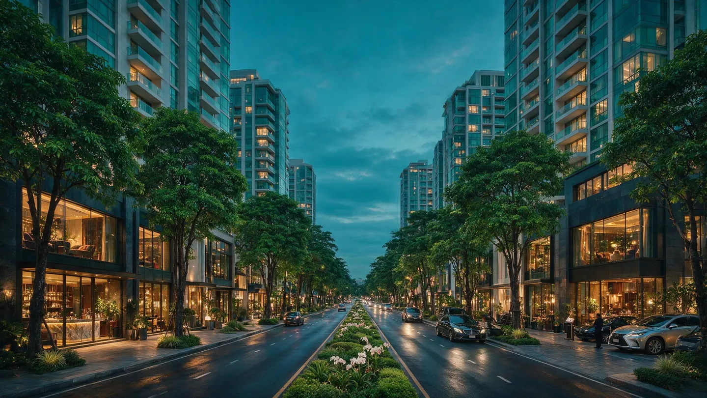 ถนนสายหลักย่านหรูในกรุงเทพฯ ยามพลบ มีร้านค้าชั้นเดียวกระจกใสและคอนโดสูงอยู่ด้านหลัง
