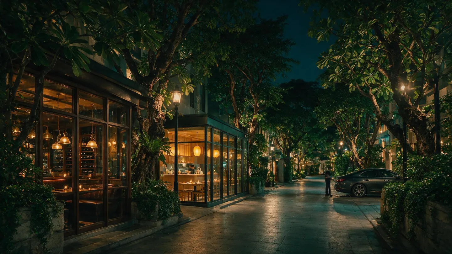ถนนซอยย่านหรูในกรุงเทพฯ ยามค่ำ มีบาร์ไวน์และร้านอาหารญี่ปุ่นไฟอุ่นหลังกระจก ต้นไม้ใหญ่ริมทาง